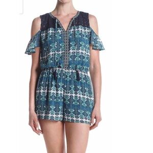 DR2 Daniel Rainn romper bohemian blue green paisley crochet lace tassels XXL